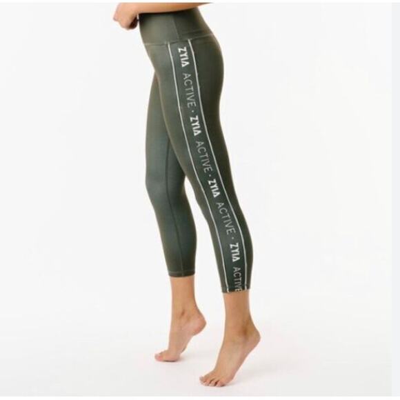 Zyia Active Olive Green Logo Spell Stripe Light N Tight Capri Leggings High Rise - Picture 9 of 9